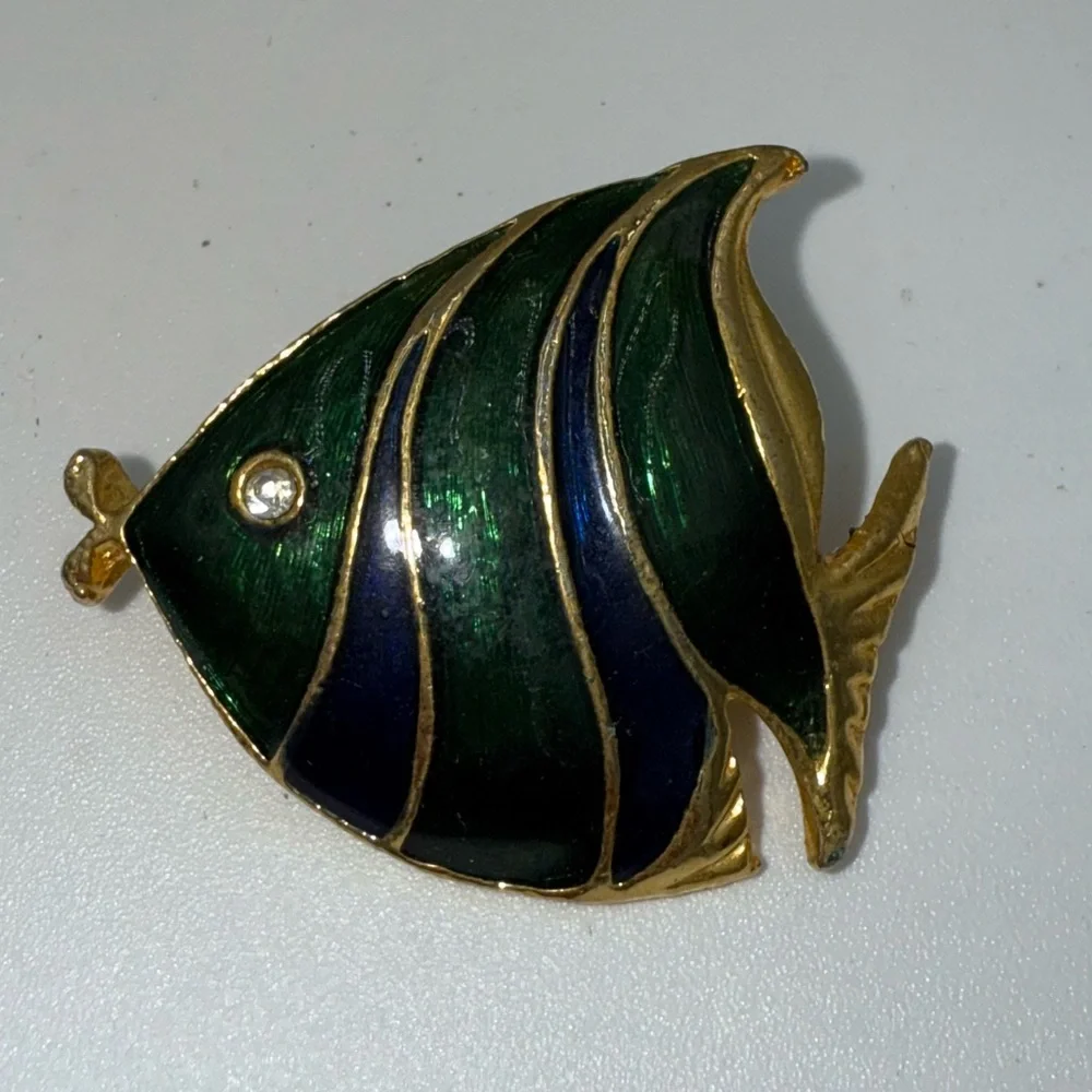 Vintage Gold-Tone Fish Brooch With Blue and Green Enamel Accents & CZ Eye
